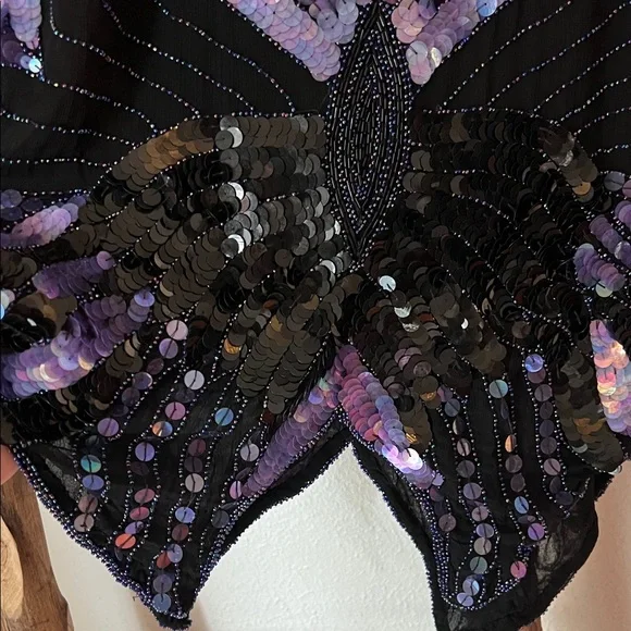 RARE Vintage Shomax Black and Purple Sequin Beaded Butterfly Disco Top Large - Picture 6 of 6